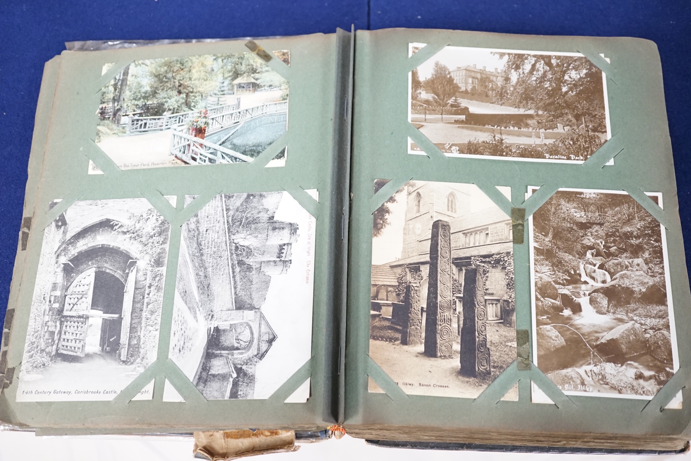 An Edwardian postcard album (c.400), containing a contemporary a post card sent 13.4.1914 of the RMS Lusitania and Maurita